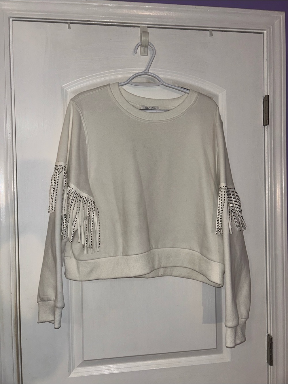 Fringe Sleeve Cropped Sweatshirt - Cream